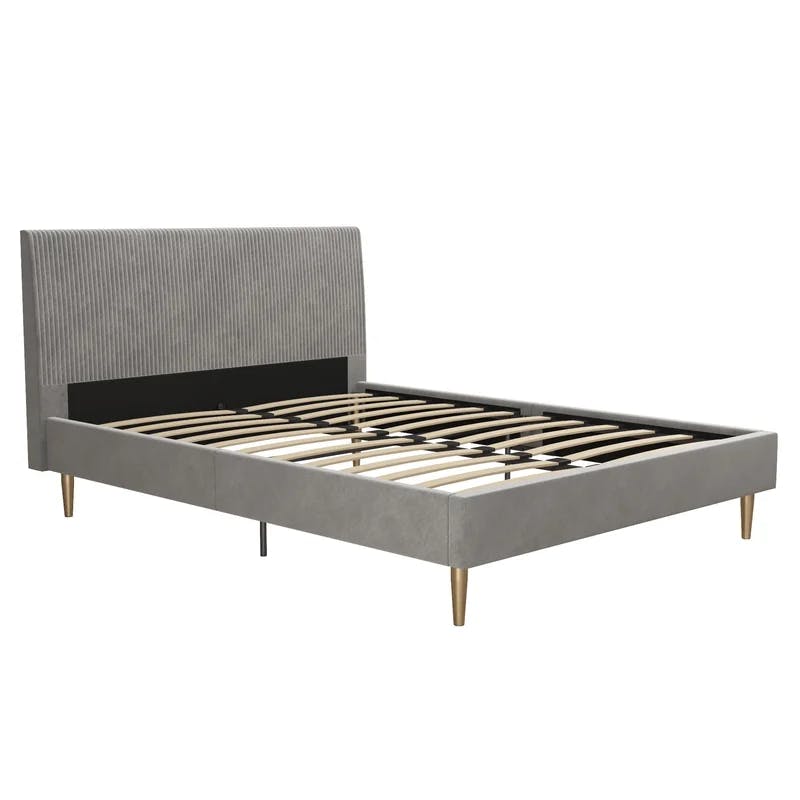 Daphne Light Gray Velvet Upholstered Bed with Brass Toned Legs