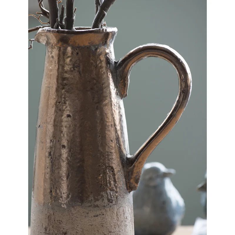 Sienna Brown Terracotta Pitcher with Metallic Accents, 14.4" High