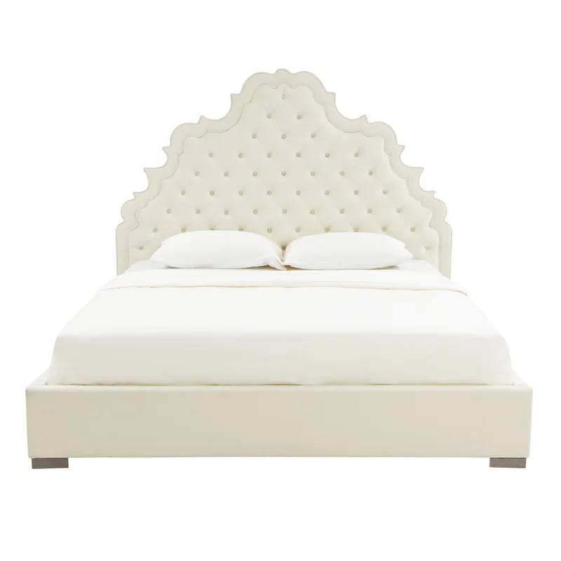 Carolina Cream Velvet Queen Upholstered Bed with Tufted Scalloped Headboard