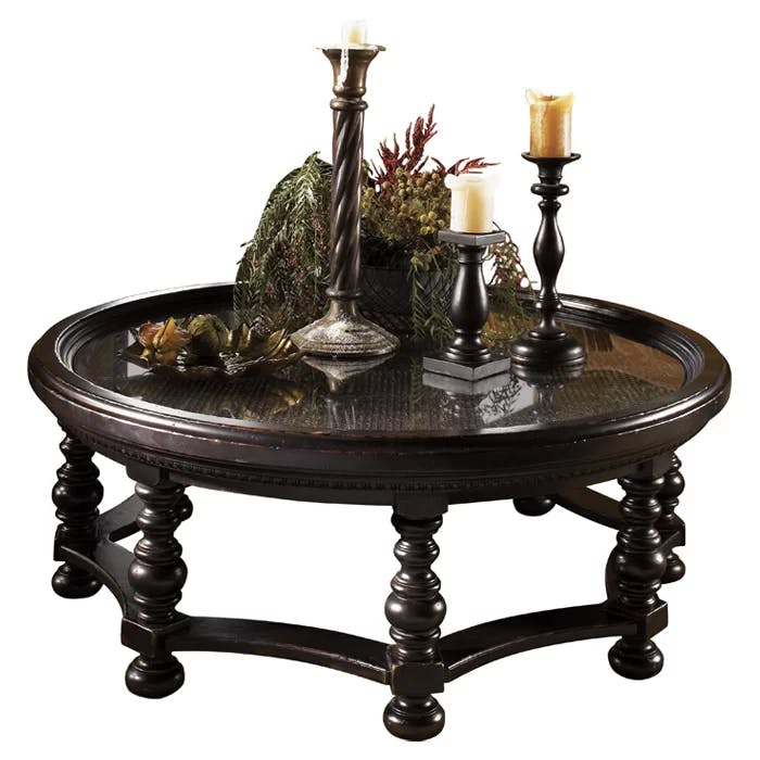 Traditional British Colonial 55" Round Wood & Glass Cocktail Table with Storage