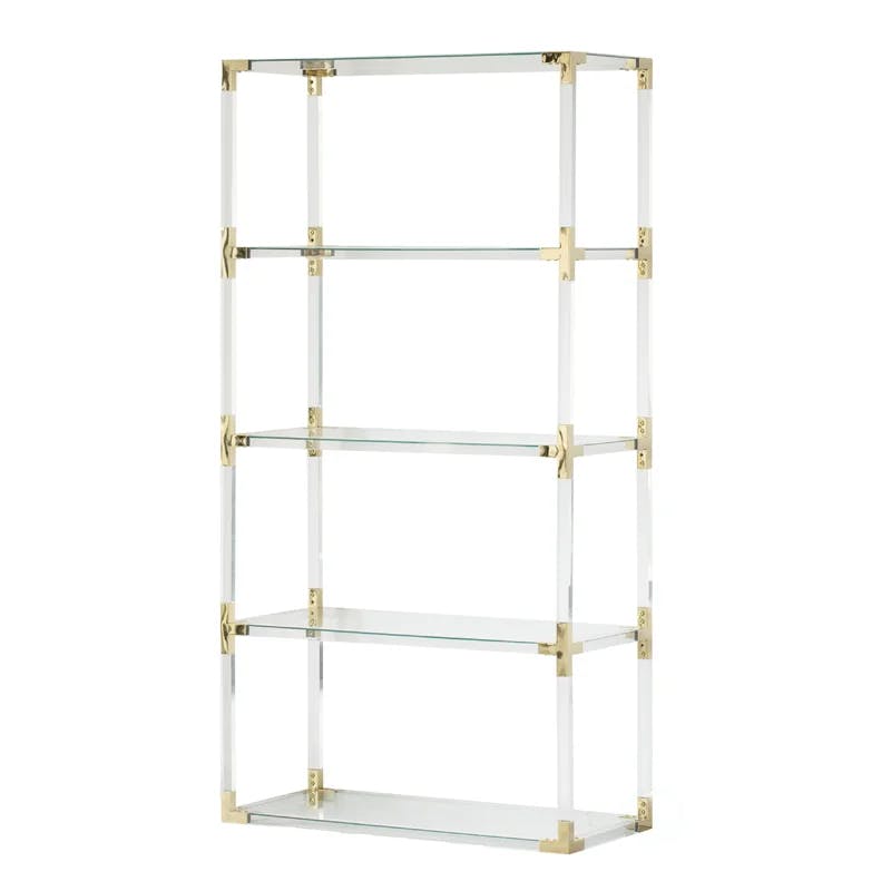 Modern Acrylic and Gold 4-Shelf Etagere with Glass Shelves