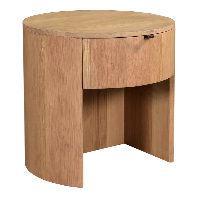 Scandinavian Solid Oak 1-Drawer Round Nightstand with Open Shelf