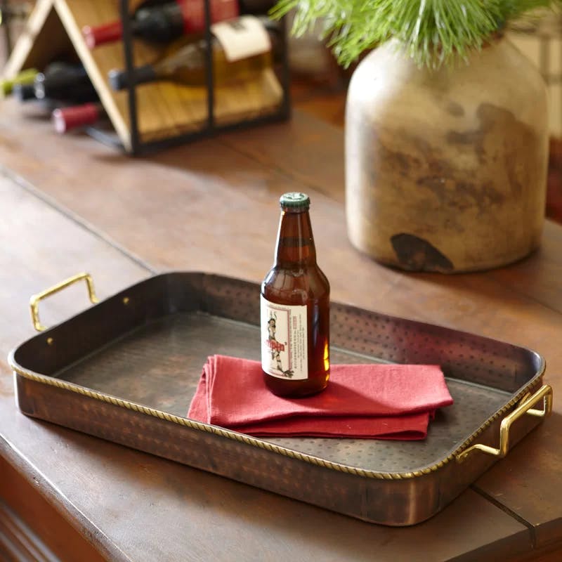 Antique Bronze Hammered Copper Serving Tray with Brass Handles