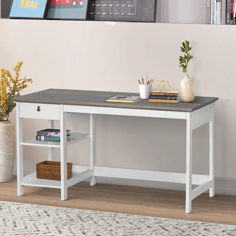 Transitional Two-Tone Oak and White Writing Desk with Drawer