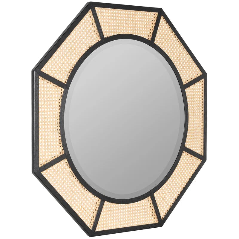Nicki Octagonal Black and Natural Cane Round Wall Mirror