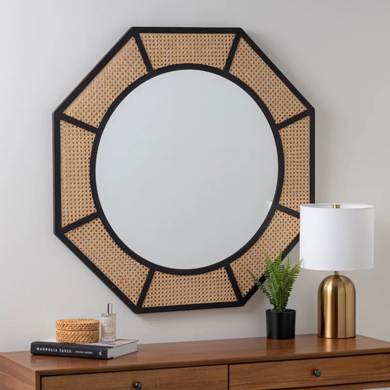 Nicki Octagonal Black and Natural Cane Round Wall Mirror