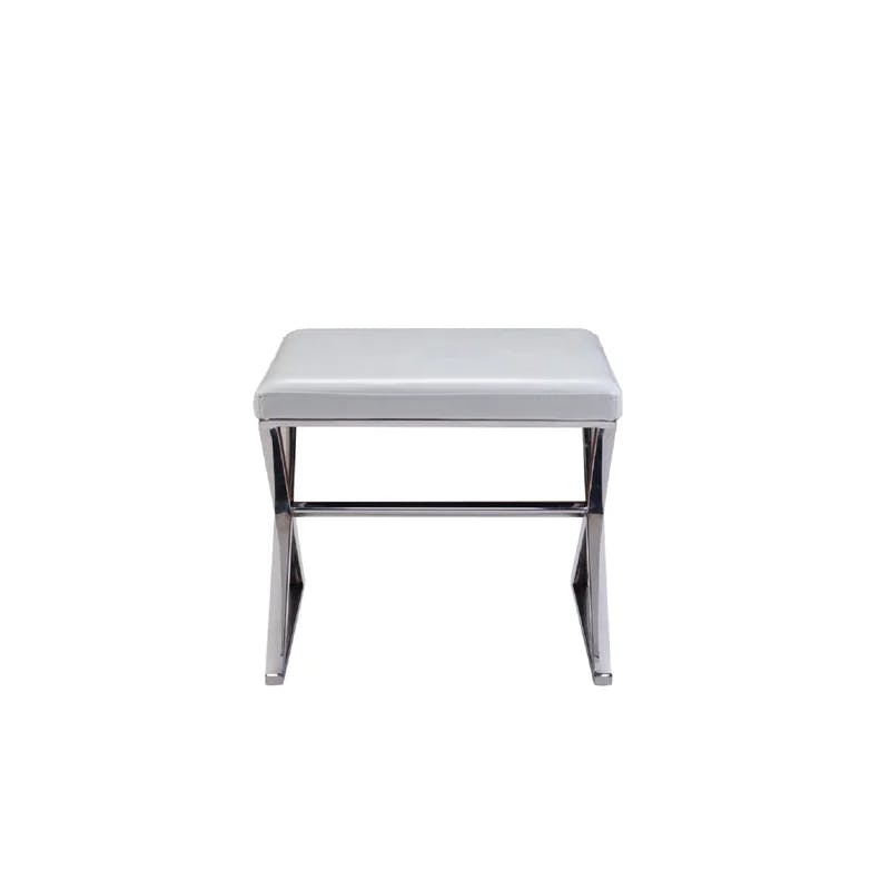 Compact Luxe White Faux Leather Bench with Chrome Base