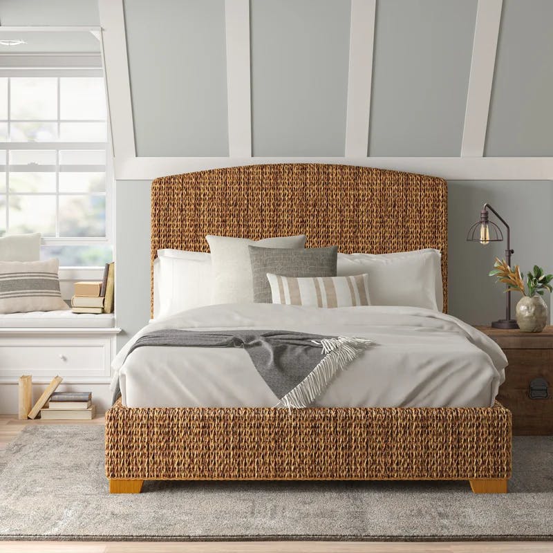 Cocoa Brown Queen Bed with Hand-Woven Banana Leaf Upholstery
