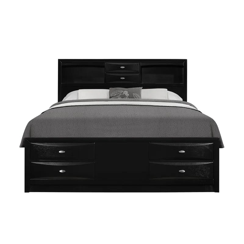 Black Veneer King Bed with Bookcase Headboard and Storage Drawers