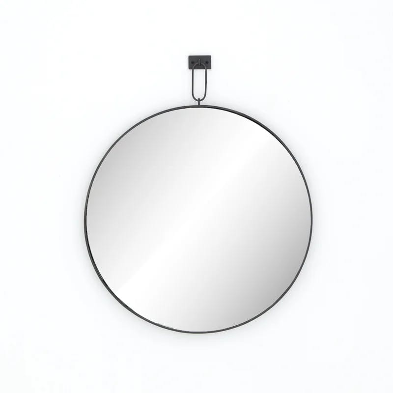 30" Industrial Round Black Wood & Gold Wall Mirror