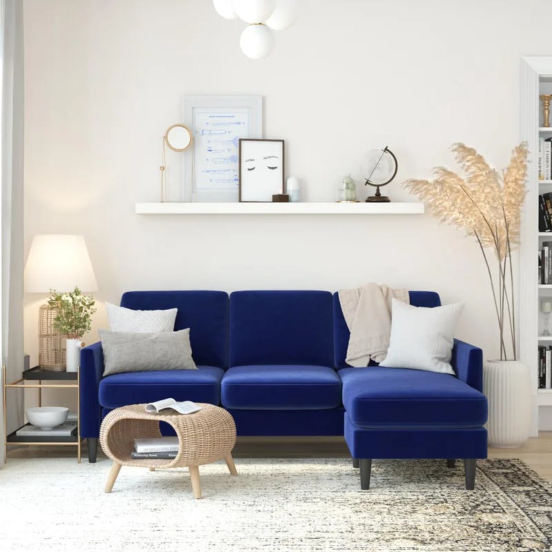Winston Navy Blue Velvet Sectional Sofa with Ottoman