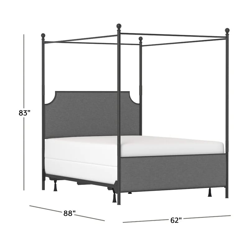 Elegant Gray Linen Queen Canopy Bed with Matte Black Metal Frame