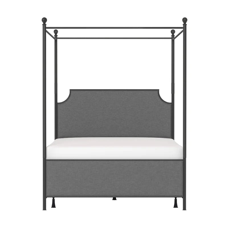 Elegant Gray Linen Queen Canopy Bed with Matte Black Metal Frame