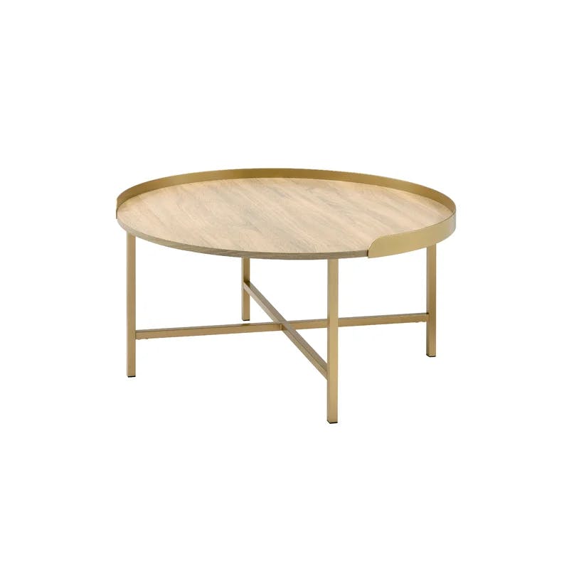 Mithea 38" Round Oak and Gold Tray Top Coffee Table