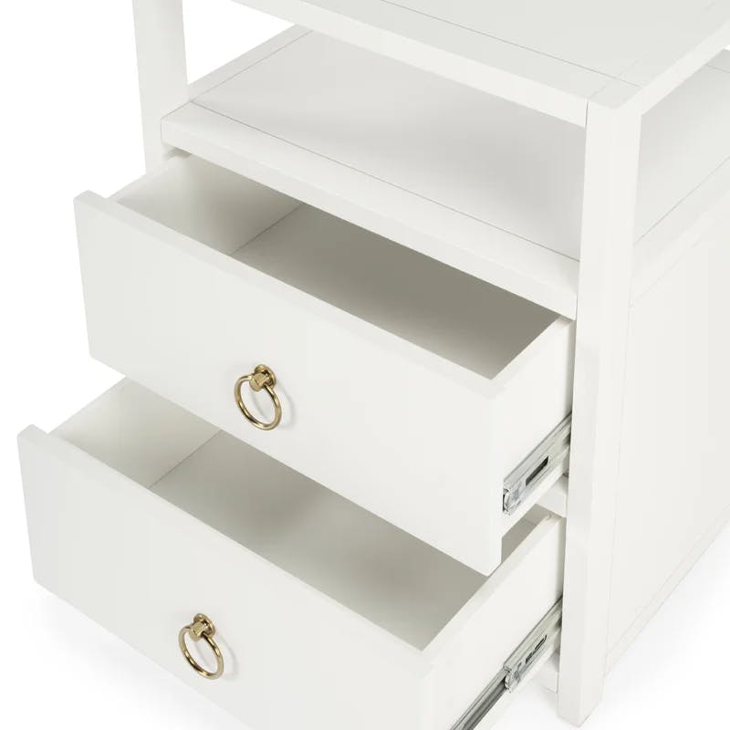 Luxe Minimalist White Acacia 2-Drawer Nightstand with Open Shelf