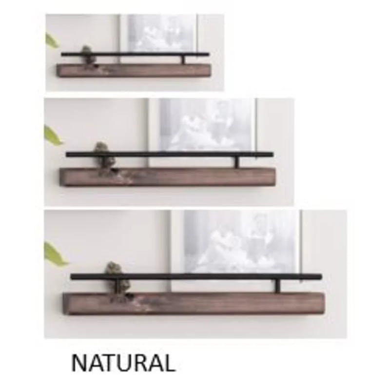 Rustic Natural Wood 3-Piece Floating Wall Shelf Set with Metal Railing