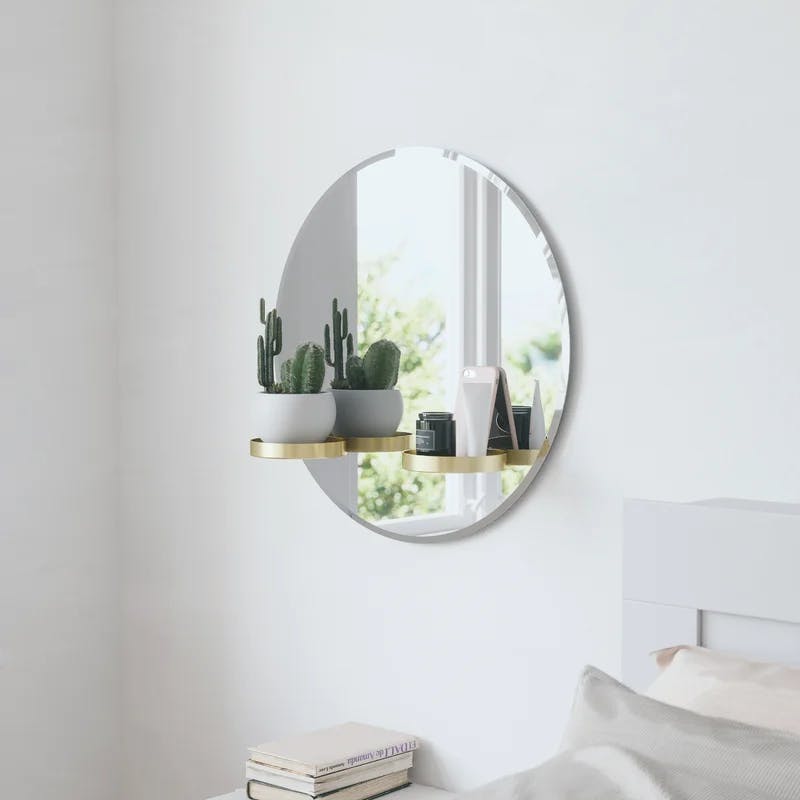 Frameless Round Wall Mirror with Brass Shelves