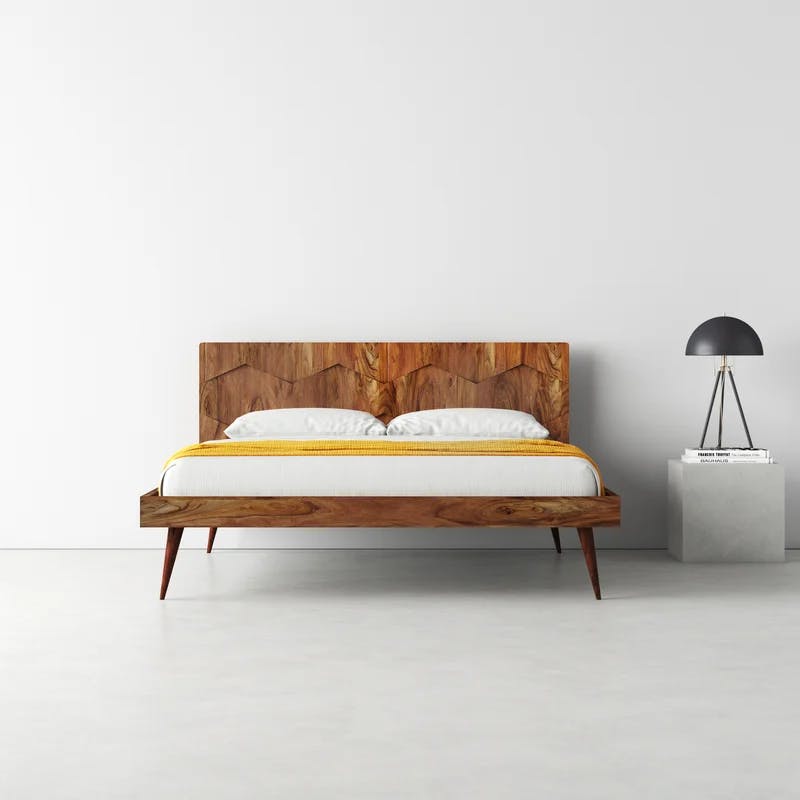 Deluxe Mid-Century Modern Sheesham Wood Queen Platform Bed with Storage