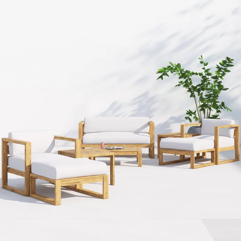 Upland Natural Teak 8-Piece Outdoor Patio Conversation Set with White Cushions