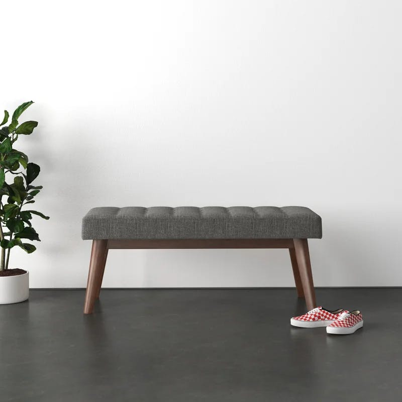 Lucca Mid-Century Button-Tufted Bench in Dark Grey and Walnut