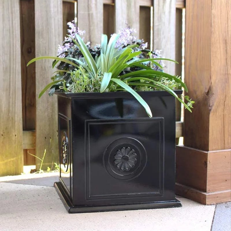 Glossy Black Square Resin Planter with Floral Medallions, 16"