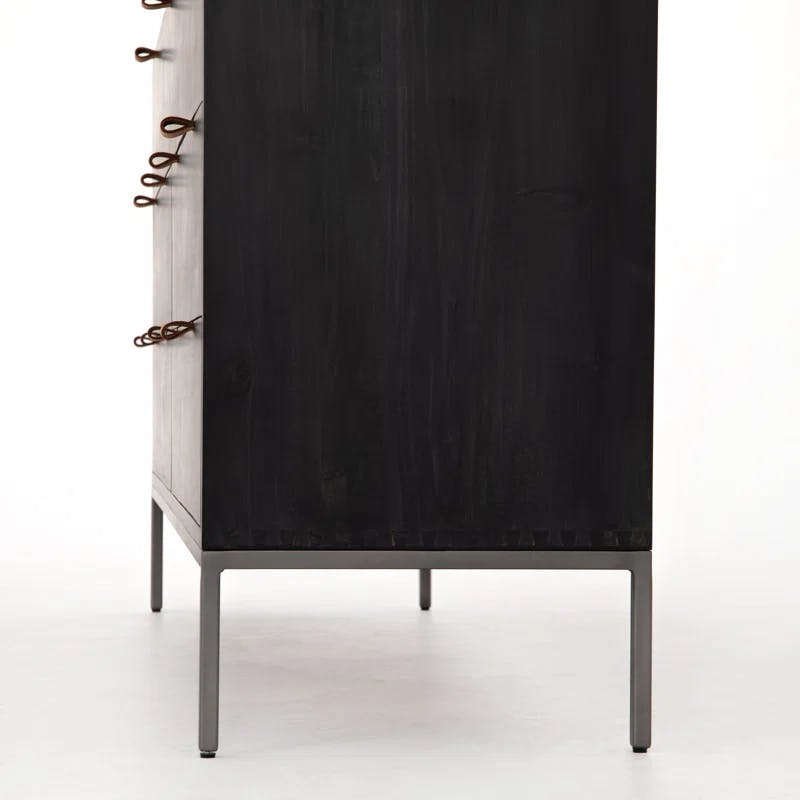 Mid-Century Modern Black 7-Drawer Dresser with Leather Pulls
