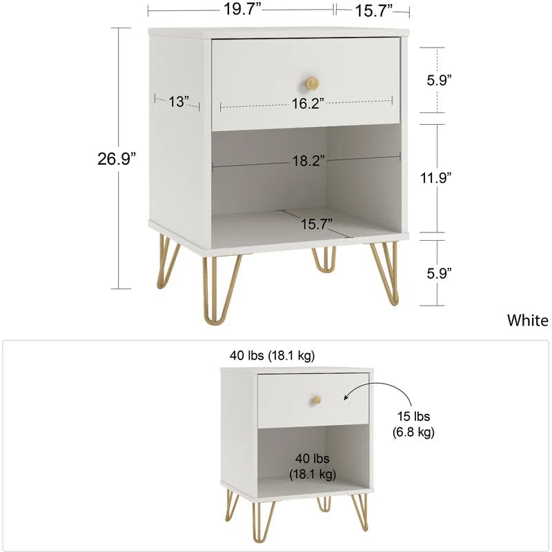 Finley Mid-Century Modern White and Gold 1-Drawer Nightstand