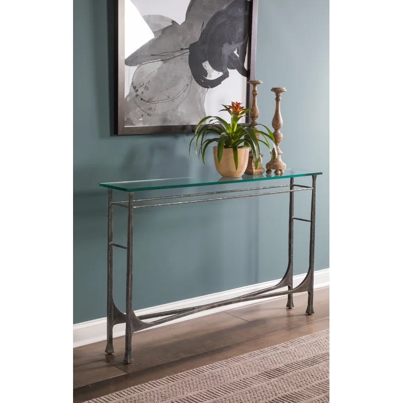 Bruno Black Hand-Hammered Iron and Glass Rectangular Console Table
