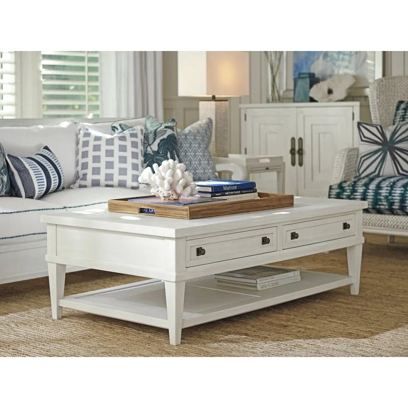 Transitional Shell White Mahogany Rectangular Coffee Table with Storage