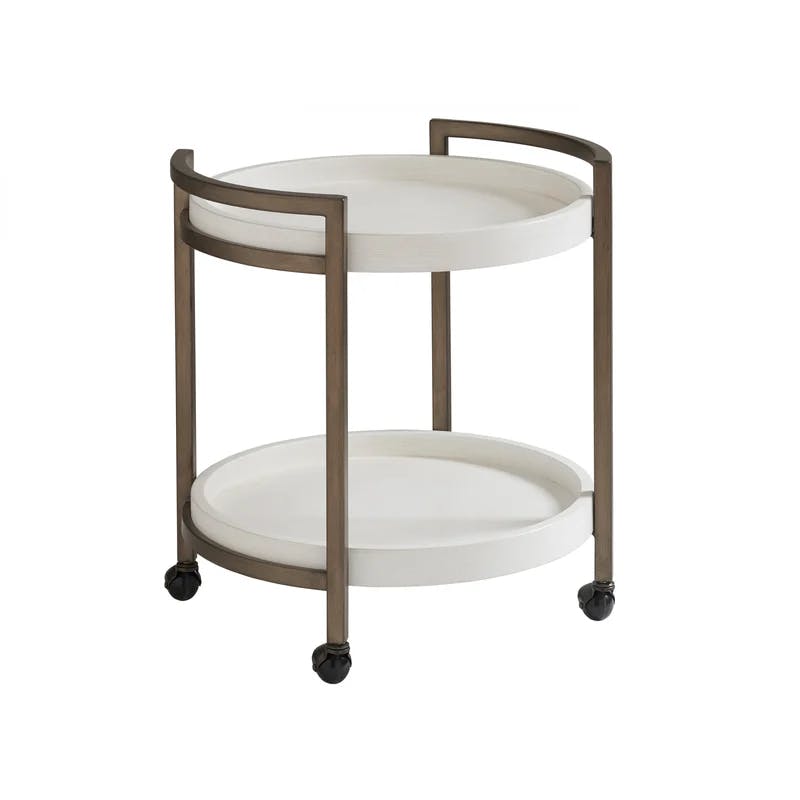 Transitional Shell White and Brown Round End Table with Metal Base