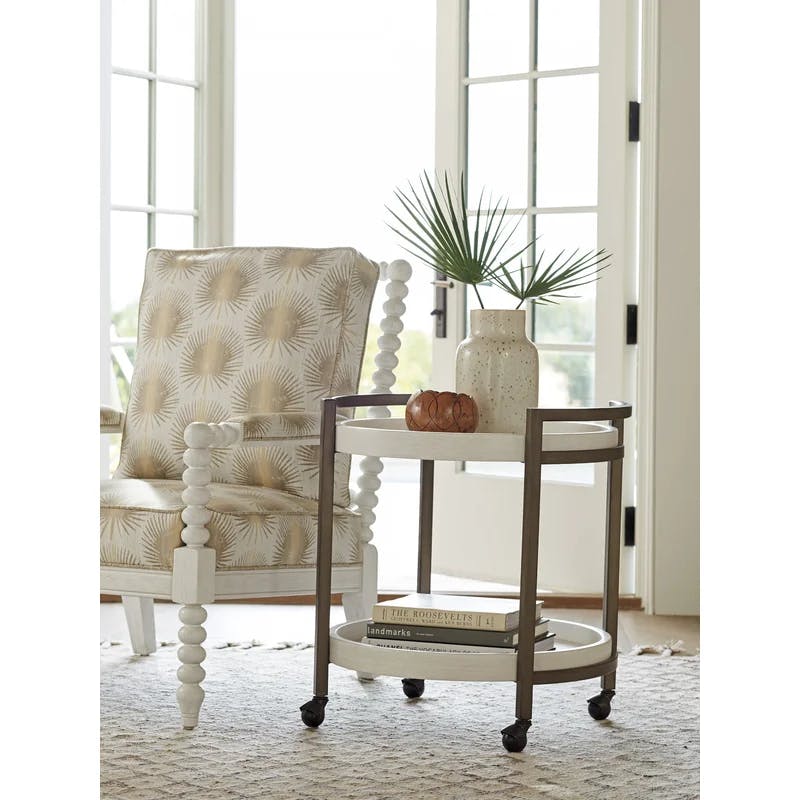 Transitional Shell White and Brown Round End Table with Metal Base