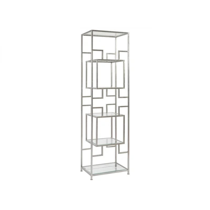 Transitional Silver Leaf Slim Etagere with Tempered Glass Shelves