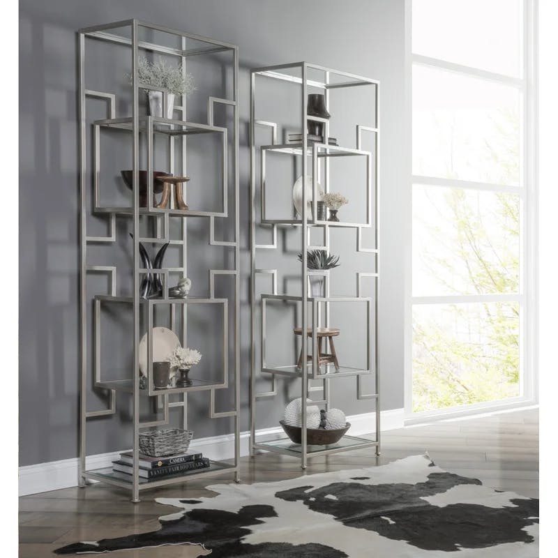 Transitional Silver Leaf Slim Etagere with Tempered Glass Shelves