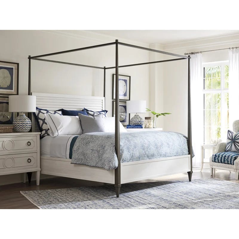 Transitional Coral Gables Louvered Canopy Queen Bed in White/Brown