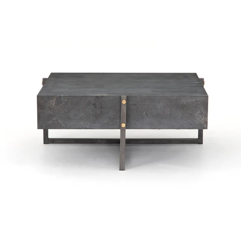Modern Bluestone Veneer Square Coffee Table with Black Iron Frame