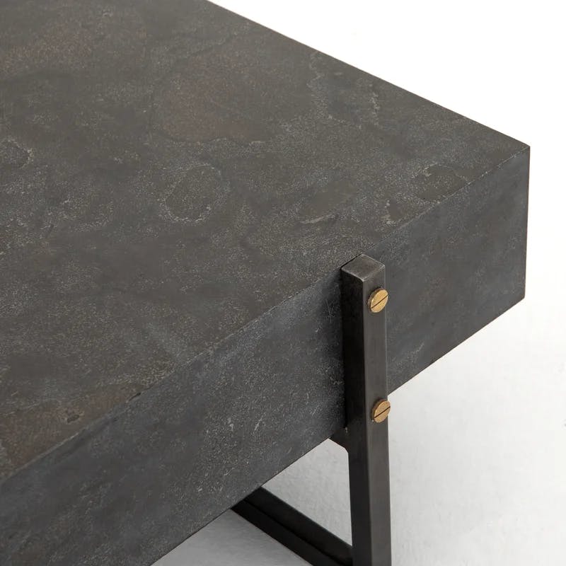 Modern Bluestone Veneer Square Coffee Table with Black Iron Frame