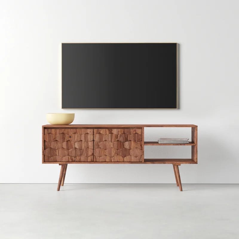 Mid-Century Modern Sheesham Wood 57'' TV Console with Fireplace
