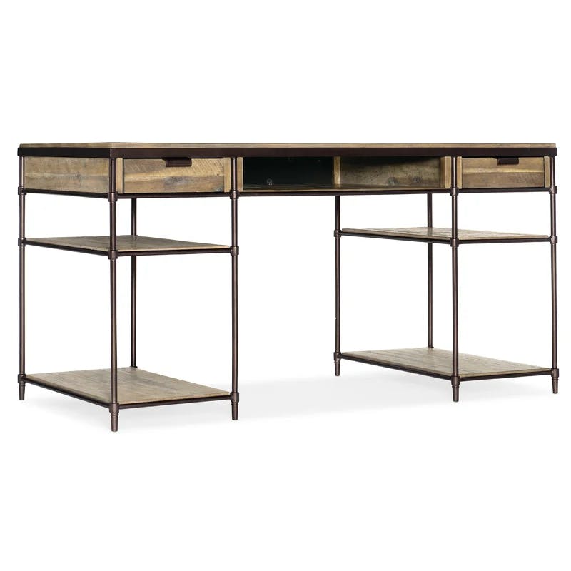 St. Armand Transitional Light Brown Acacia & Bronze Metal Home Office Desk