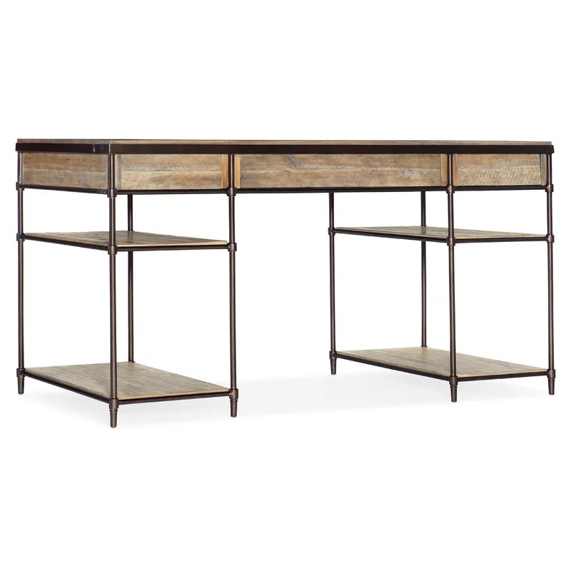 St. Armand Transitional Light Brown Acacia & Bronze Metal Home Office Desk