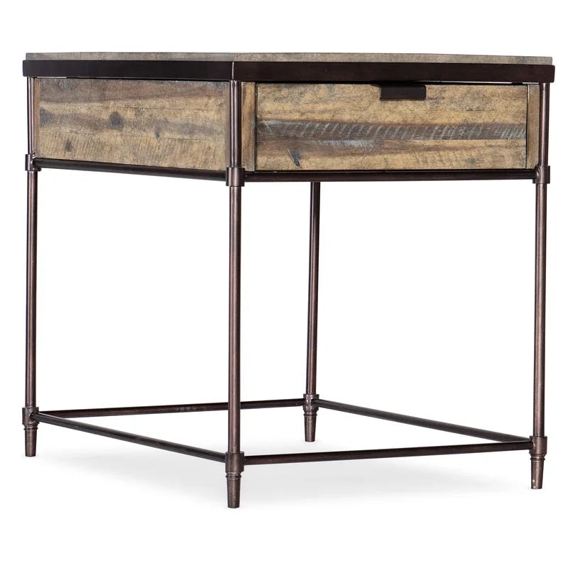 Transitional Rectangular End Table with Drawer in Brown and Gold