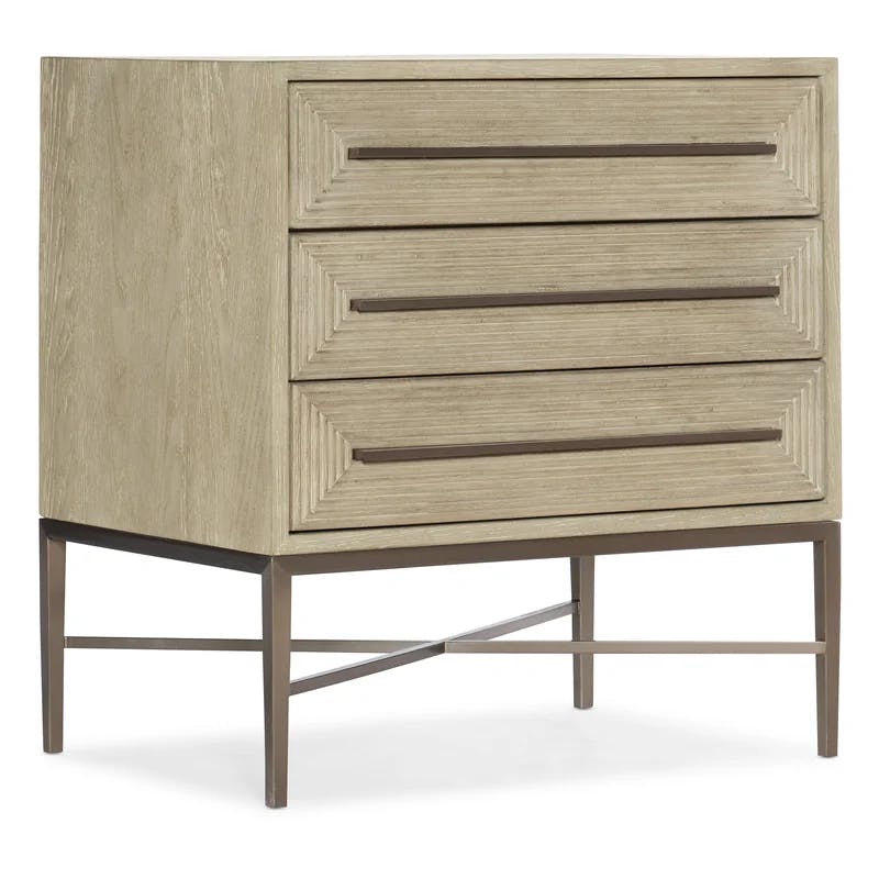 Transitional Beige 3-Drawer Nightstand with Striped Border