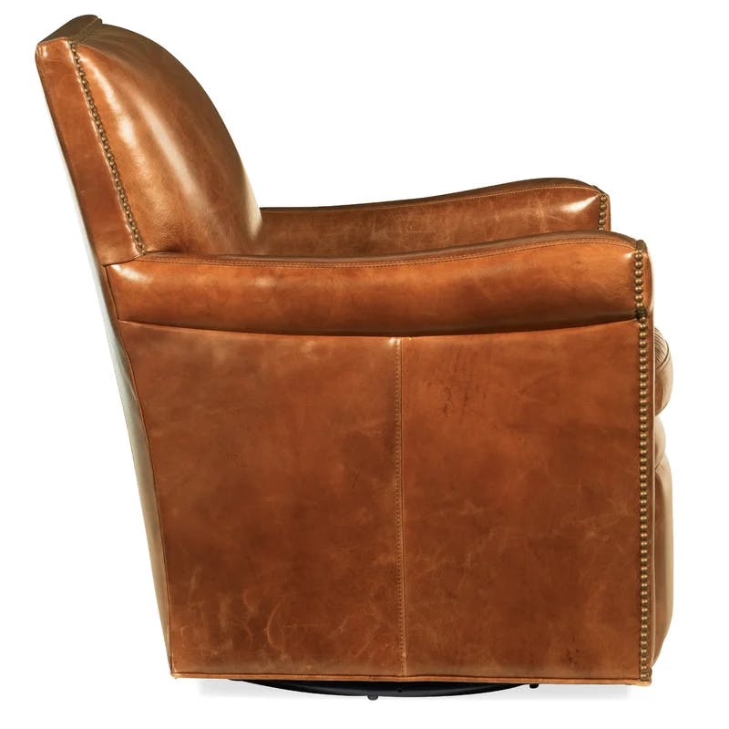 Huntington Morrison Aniline Leather Swivel Accent Chair in Brown