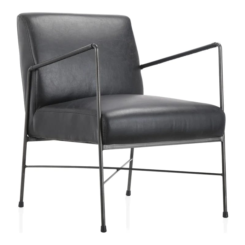 Dagwood Black Geometric Top-Grain Leather Chaise with Metal Frame