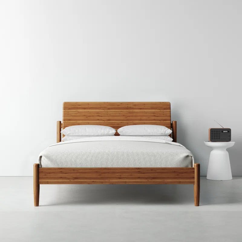 Benji Amber Queen Platform Bed with Upholstered Headboard in Bamboo