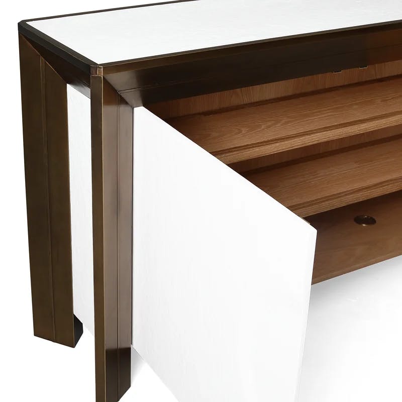 Modern Hardwood and Brass Sheet Console with Adjustable Shelves
