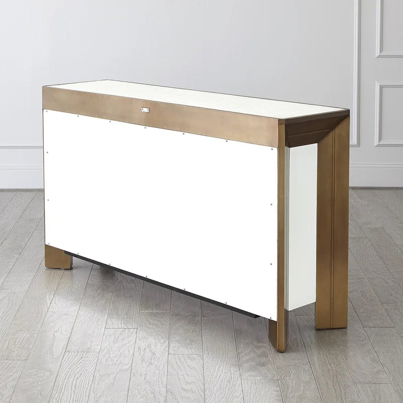 Modern Hardwood and Brass Sheet Console with Adjustable Shelves