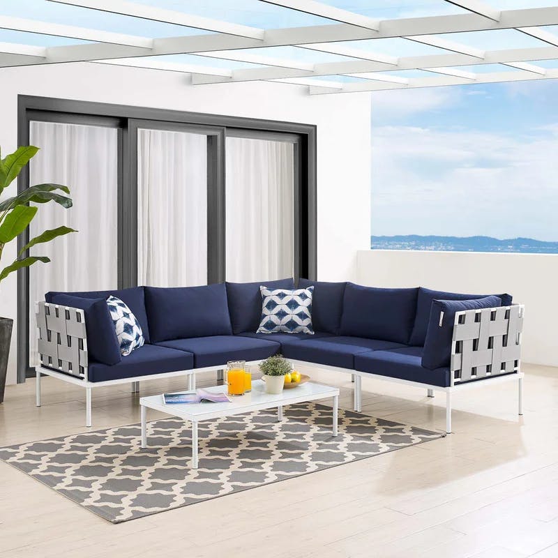 Harmony 6-Piece Gray Navy Sunbrella Aluminum Outdoor Sectional Sofa Set