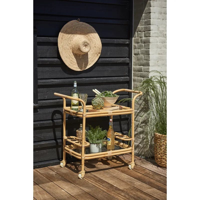 Carlo 1950s Inspired Natural Faux Rattan Outdoor Bar Cart with Wine Rack