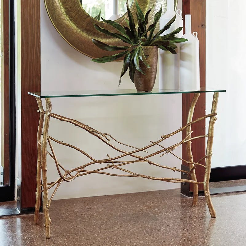 Elegant Gold Leaf Twig-Inspired Console Table with Clear Glass Top