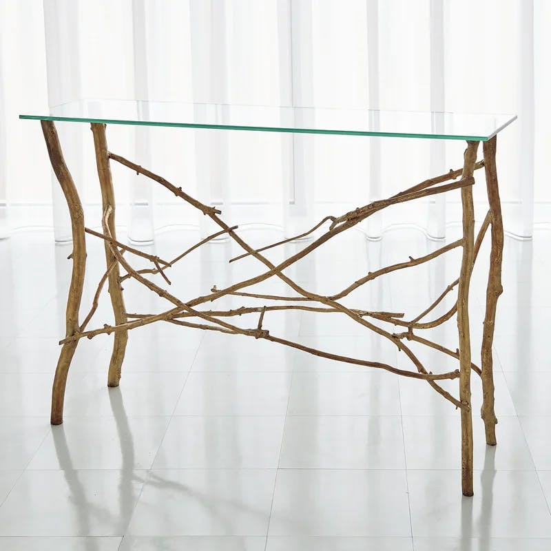 Elegant Gold Leaf Twig-Inspired Console Table with Clear Glass Top